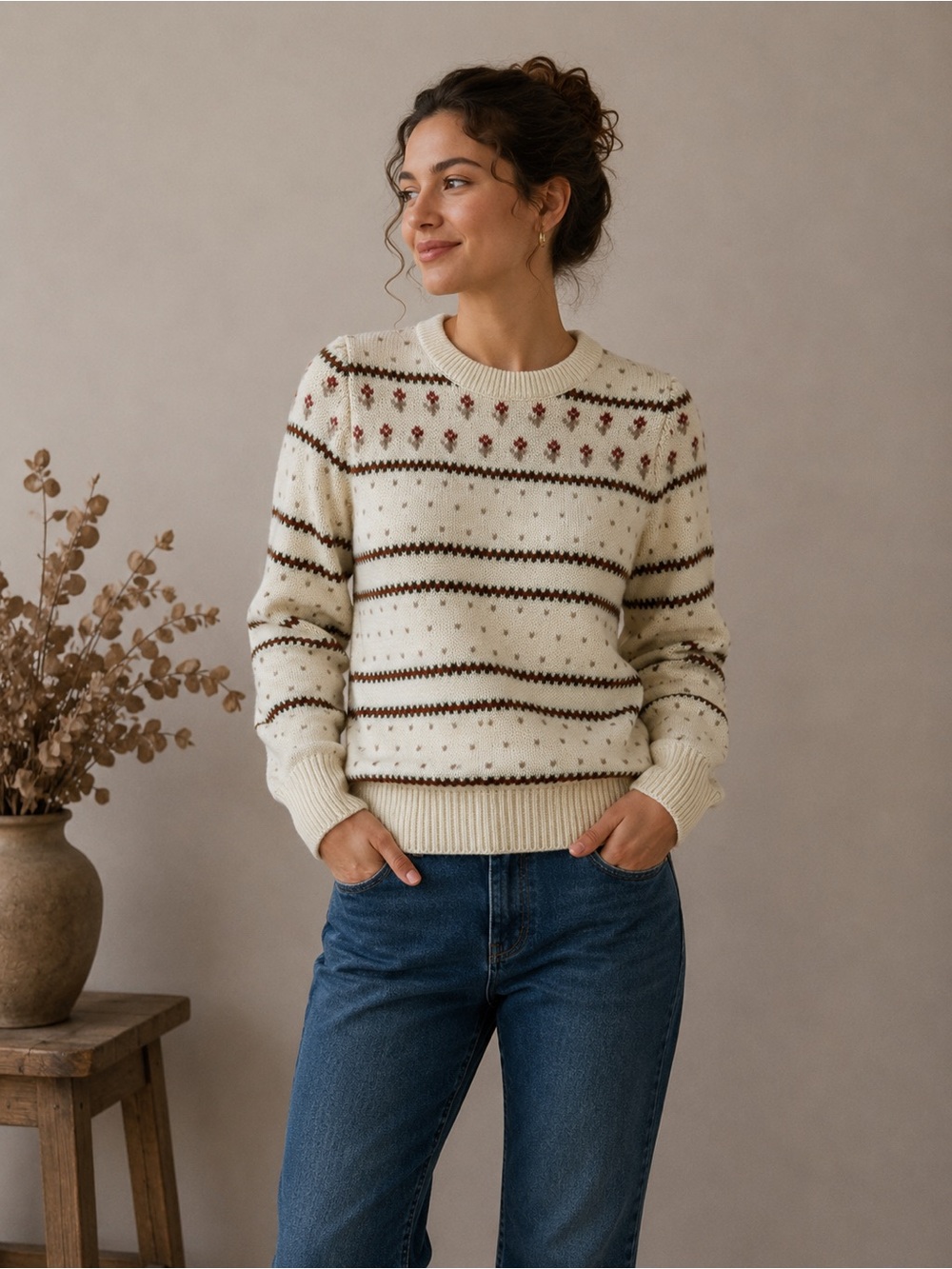 Vtg Cream Fair Isle Knit Sweater - Women's Cozy Pullover